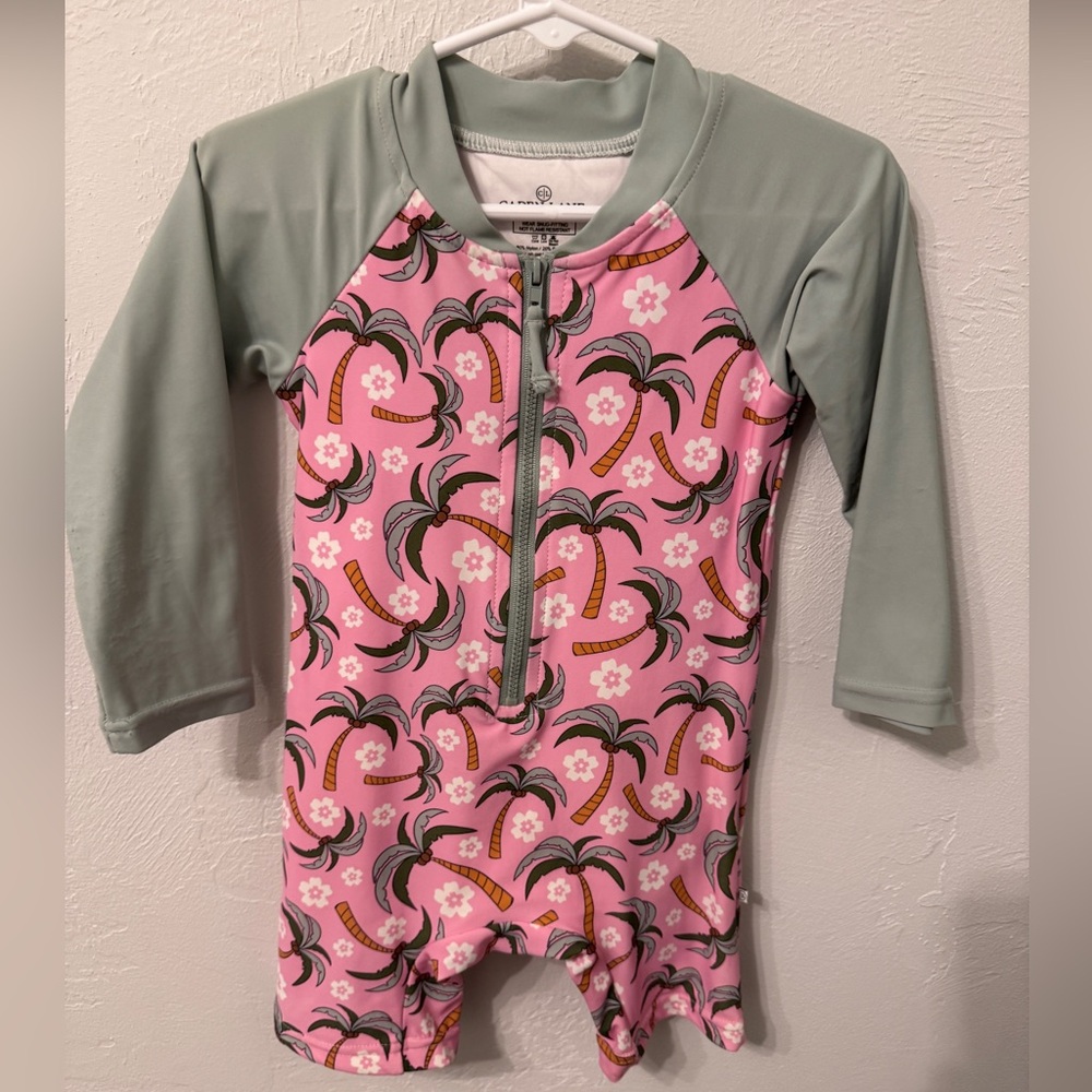 🌴 Toddler Zip Up One Piece Rashguard Swimwear Swim Trunks Palm Tree Swimsuit 2T